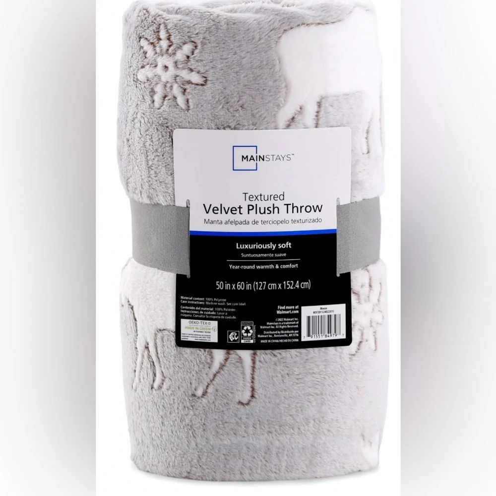 Mainstay Printed Textured Plush Throw 50’ x 60’ Moose